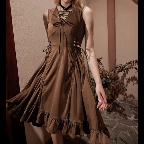 Women’s Goth Lace Up Sleeveless High Low Renaissance  Style Dress - Picture 1 of 9